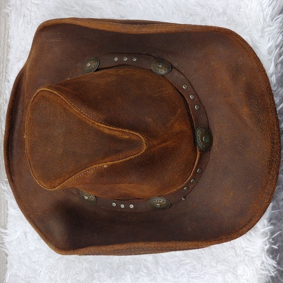 Minnetonka Unisex Silverton Dude Brown Ruff Genuine Leather Studded Western Hat - Picture 12 of 14